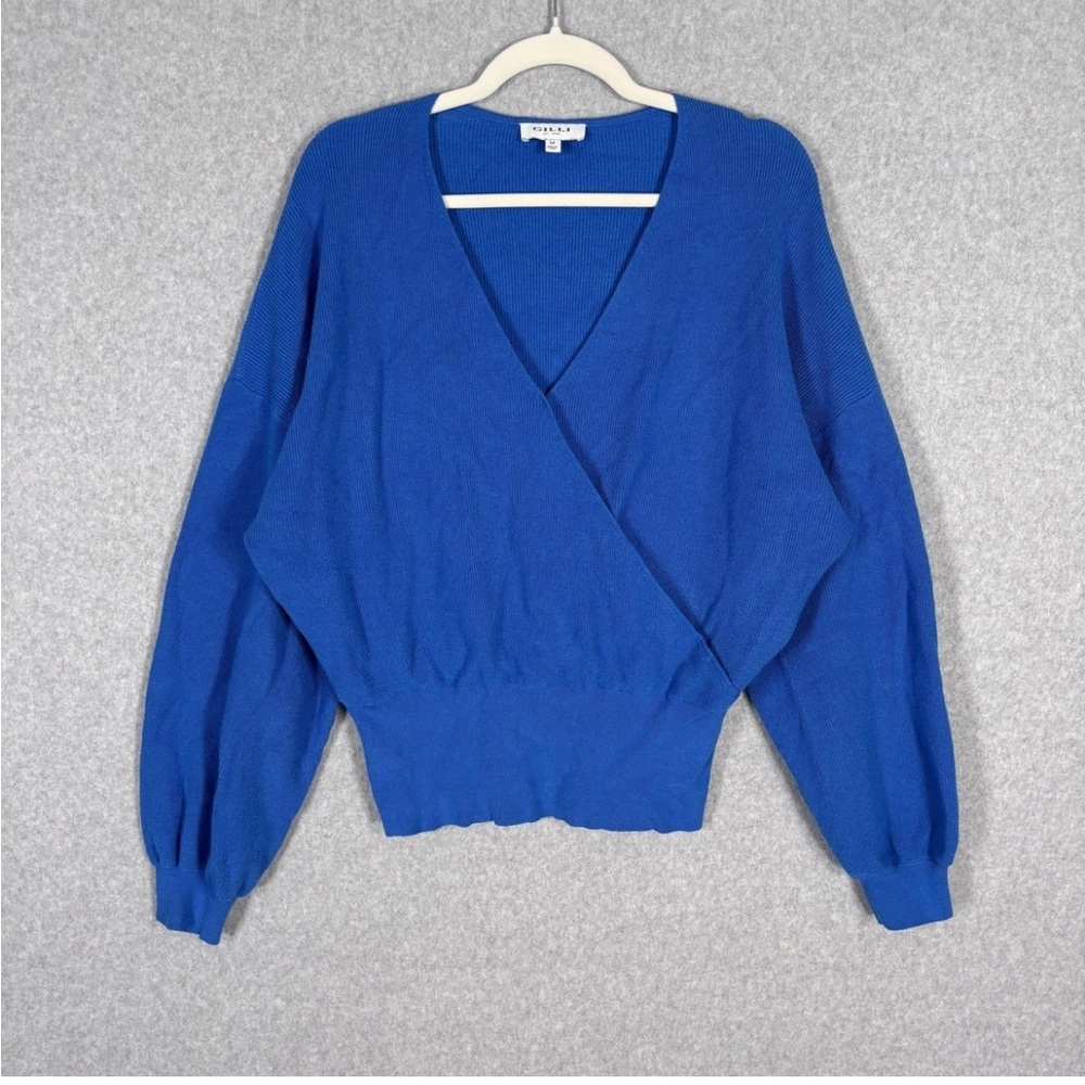 VTG Gilli Women's Vibrant Blue V-Neck Ribbed Wrap Sweater Size Small